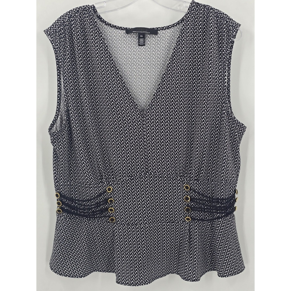 White House Black Market Tank XL Matte Jersey Button Peplum Black White
